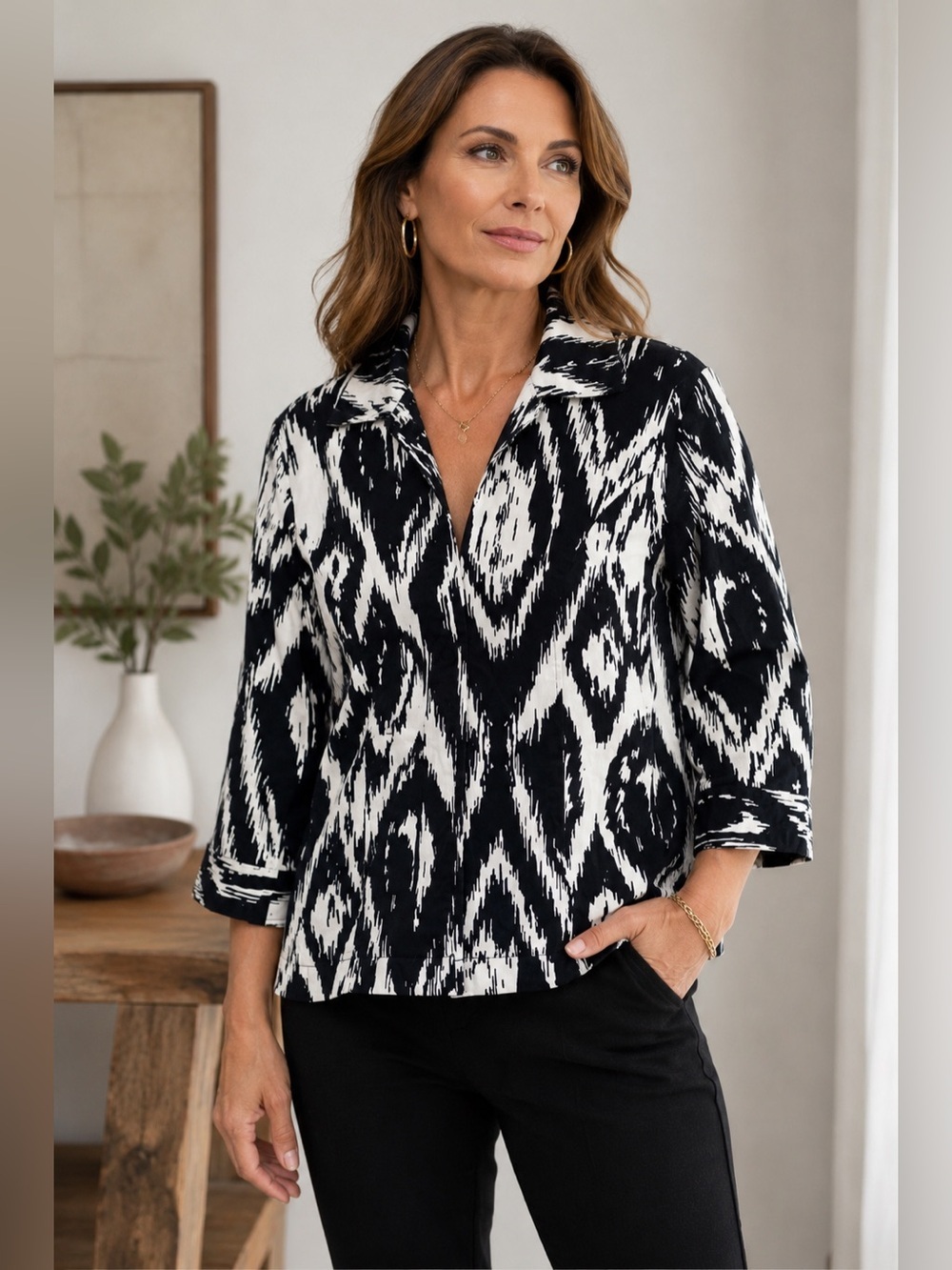 Chico's Black White Ikat Print Jacket Blazer Size 2 US12